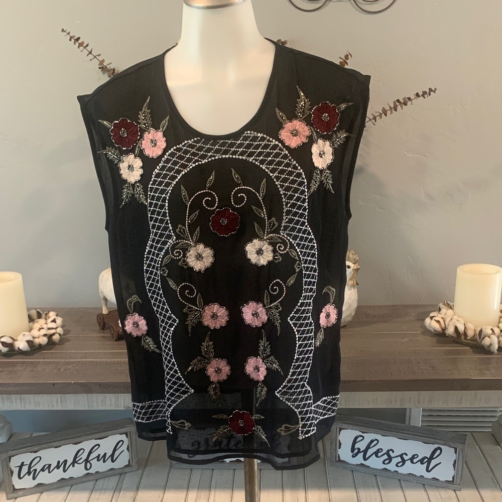 Guess Black Tank Top with Floral Embroidery